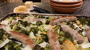 Sheet-pan-roasted sausages, broccoli and chickpeas with lemon and Parmesan