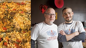 Traditional Puerto Rican chicken and rice from Lola's Latin Kitchen | Candy Lab co-owners Michael McCarver-Reyes (left) and Albert Reyes-McCarver