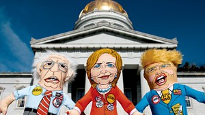 Fuzzu presidential-parody toys on the steps of the Vermont capitol building
