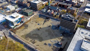 The CityPlace Burlington site, with 100 Bank Street visible in the top right-hand side of the pit