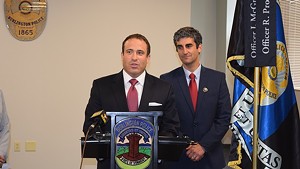 Burlington Police Chief Brandon del Pozo (left) and Mayor Miro Weinberger