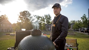 Henry Long and his Big Green Egg grill at a Good Grocery pop-up at Burlington's Bayberry Commons
