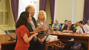 Reps. Kesha Ram (D-Burlington), Mike Hebert (R-Vernon) and Marianna Gamache (R-Swanton) speak about an energy siting bill Friday at the Statehouse.