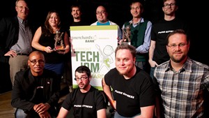 Former Merchants Bank President and CEO Mike Tuttle with 2013 Tech Jam award winners from Pwnie Express and FreshTracks Capital