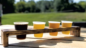 A beer flight at Two Heroes Brewing in South Hero