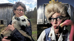 Left: Maggie Sherman holding a baby goat in Elmore. Right: Sherman as Honey the Professional Waitress