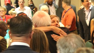 Sen. Bernie Sanders hugs Vermont delegate Shyla Nelson Wednesday morning in Philadelphia.