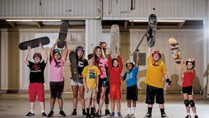 Hannah Deene Wood and David Wood with skateboarders (from left to right) Kyle Buck, Jasper Cleary, Juni Cleary, Henry Meunier, Arthur Lea, Creston Lea-Simons, Liam Kelley and Evelyn Santillo at Talent's new Burlington location