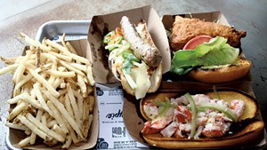French fries, the Vietnamese sausage, fried chicken sandwich and lobster roll at Honeypie