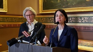 Sen. Jane Kitchel (D-Caledonia) and Senate President Becca Balint (D-Windham) at the Statehouse on Wednesday