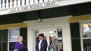 Jeannette Belanger, Carmen Gagnon, and Ginette Gagnon outside the Canaan library