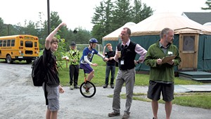 Sharon Academy head of school Michael  Livingston, second from right, learns about yo-yoing from seventh grader Elliot Tonks