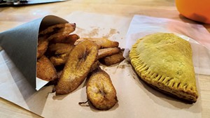 Portapies' fried sweet plantains and Jamaican patty