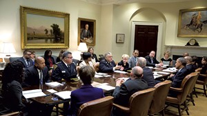 Then-president Barack Obama meeting with members of the President's Task Force on 21st Century Policing in the White House in March 2015