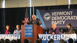 Sen. Bernie Sanders stumps for Sue Minter, far left, and David Zuckerman, far right, Sunday in Burlington at the University of Vermont.
