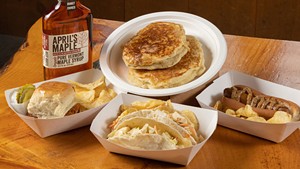 Clockwise from top: Maple sugar pancakes, maple dog, tacos with maple-apple coleslaw, maple-barbecue pulled pork sandwich and April's Maple syrup