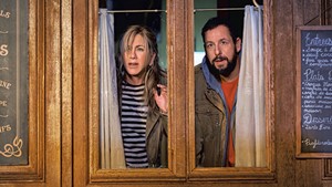 Aniston and Sandler play married wannabe detectives in a streaming hit that defines "underwhelming."