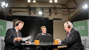 Scott Milne, Peter Hirschfeld and Sen. Patrick Leahy prepared for a Vermont Public Radio debate Wednesday in Colchester.