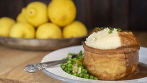 Piecemeal Pies' potato, cheese and artichoke pie with peas, mash and gravy