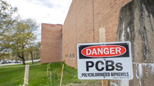 A sign warning of PCBs outside Burlington High School in 2021