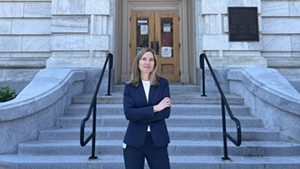 Attorney General Charity Clark outside a Burlington courthouse
