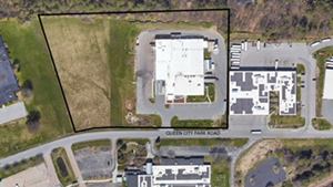 An overhead shot of the Rhino building and the space for the proposed addition