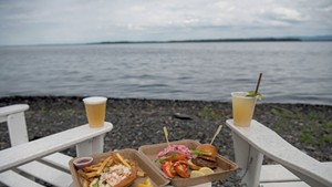 Shrimp salad roll and surf and turf mini sliders with a beer and a chile-lime pineapple soda at Bravo Zulu Lakeside Bar in North Hero
