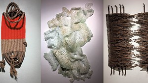 From left to right: "Chill Pill" by Karen Cygnarowicz; "Specimen #2" by Gracia Nash; "Gathering #8" by Ann Wessmann