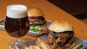 Burger and Morrisville hot chicken sandwich at Lost Nation Brewing