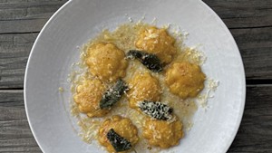 Mushroom-ricotta ravioli with brown butter and sage