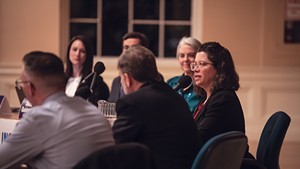 Emma Mulvaney-Stanak (right) at a mayoral debate