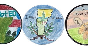 New Vermont "I Voted" stickers designed for the Good Citizen Challenge, from top left: Lyle Johnson, Willa Saunders, Grace Gillman