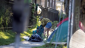 A person encamped on Buell Street outside the First Congregational Church of Burlington