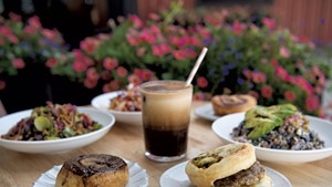 Front, from left: O.G. bun, North Star iced coffee and broccoli-cheddar bun breakfast sandwich at Haymaker Bun