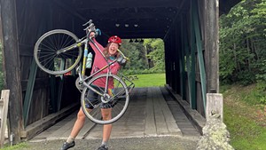 Eva Gerstle at a covered bridge