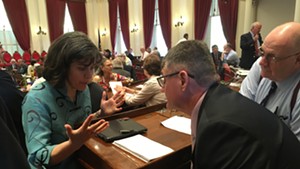 House Speaker Mitzi Johnson confers with House Minority Leader Don Turner on Wednesday over the House's schedule.