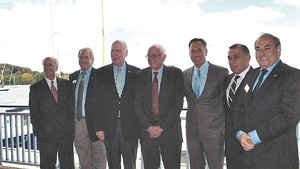 Left to right: Congressman Peter Welch, Bill Stenger, Sen. Patrick Leahy, Sen. Bernie Sanders, Gov. Peter Shumlin, Ariel Quiros and William Kelly at the unveiling of the Northeast Kingdom Economic Development Initiative in Newport in September 2012.