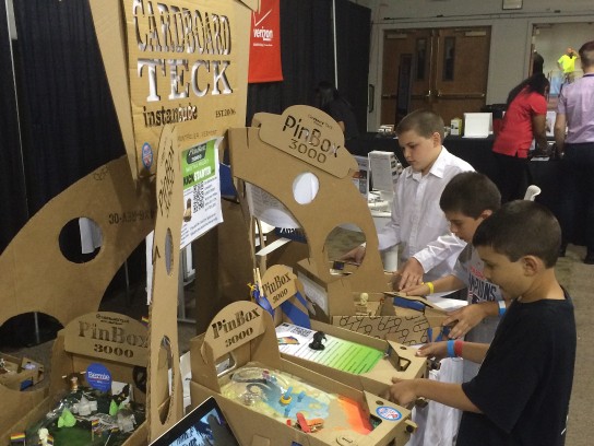 Kids playing with PinBox 3000 at Pintastic New England pinball expo in Sturbridge, Mass. - CARDBOARD TECK INSTANTUTE
