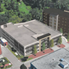 A rendering showing the proposed parking garage and hotel next to the existing Community College of Vermont building