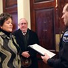 Jennifer Morrison being sworn in as interim Burlington police chief