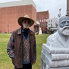 Al Wakefield in Rutland with the newly installed sculpture of Martin Freeman, the first black president of an American college