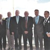 Left to right: Congressman Peter Welch, Bill Stenger, Sen. Patrick Leahy, Sen. Bernie Sanders, Gov. Peter Shumlin, Ariel Quiros and William Kelly at the unveiling of the Northeast Kingdom Economic Development Initiative in Newport in September 2012.