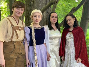 Pictured from left to right: Jack (Katelyn Shaw of Morrisville), Rapunzel (Annalise Durocher of Fairfax), Cinderella (Jennifer Benjamin of Morristown), and Little Red (Holly Ray Sherrer of St. Albans). Just a few of the fairy tale characters featured in the musical INTO THE WOODS. July 18-28. Presented by the Lamoille County Players.  LCPlayers.com - Uploaded by LCPlayers