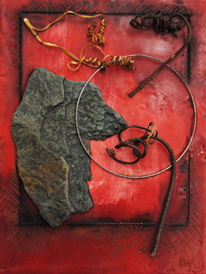 COURTESY OF CASTLETON DOWNTOWN GALLERY - "Assessing Points of View," mixed media work by Nancy P. Weis