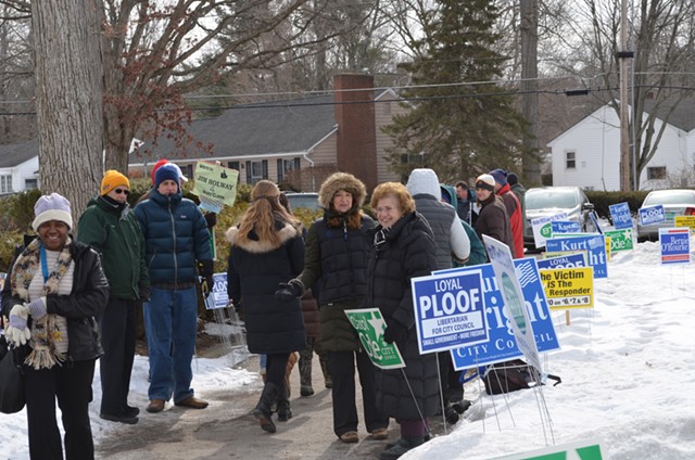 Voters brave the cold outside the Ward 4 polls. - ALICIA FREESE