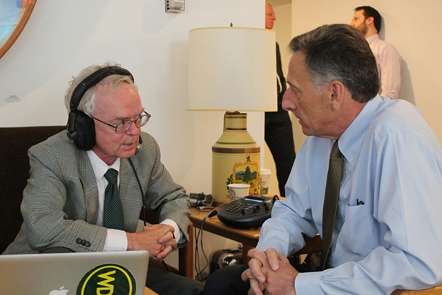 WDEV's Mark Johnson interviews Gov. Peter Shumlin at the Statehouse Friday morning. - PAUL HEINTZ